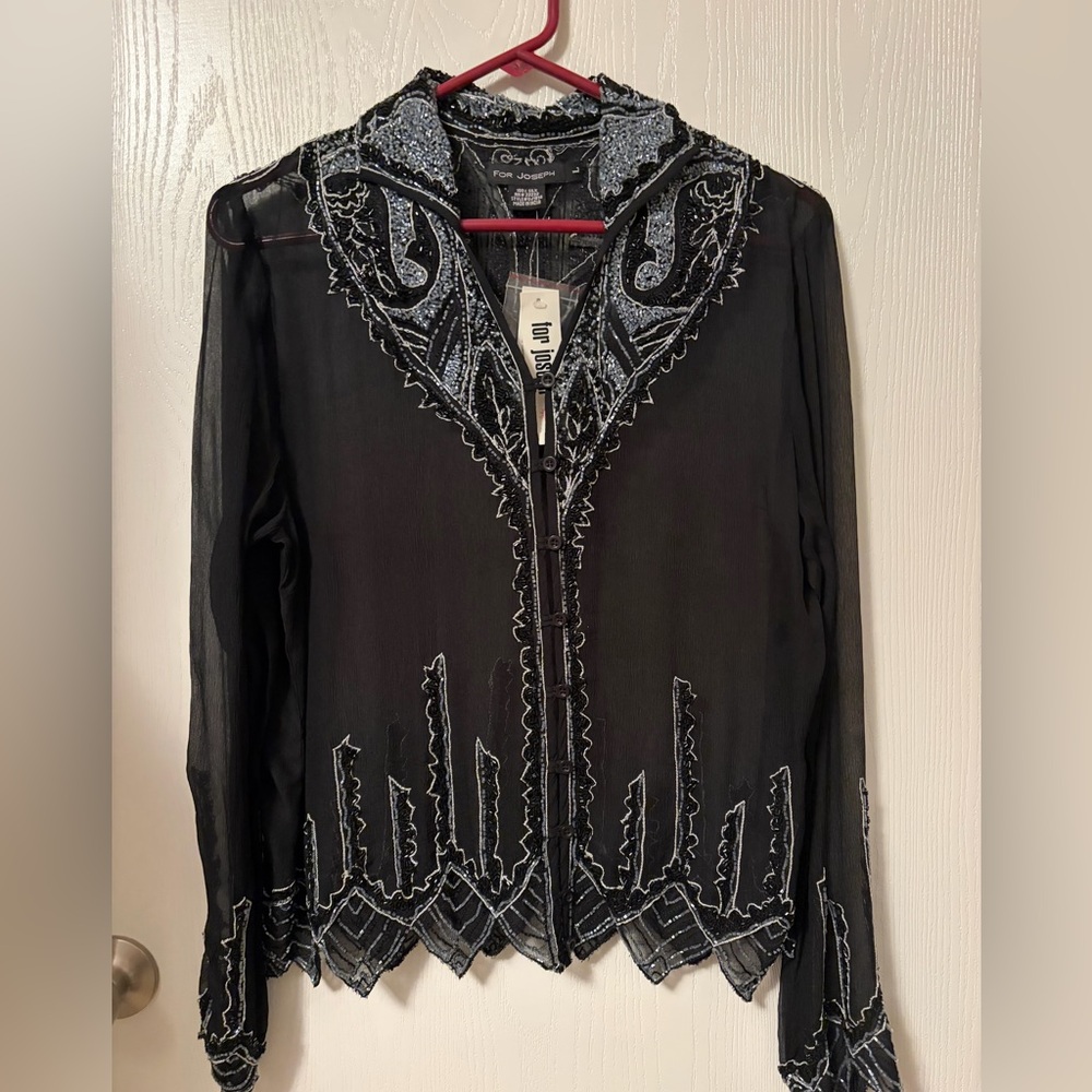 NWT For Joseph 100% Silk Black Sheer Hand-beaded Blouse Scalloped Hem Large - Picture 2 of 16